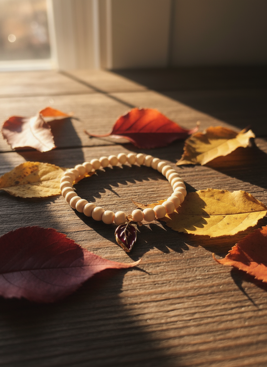 Holzperlenarmband mit Herbstblatt